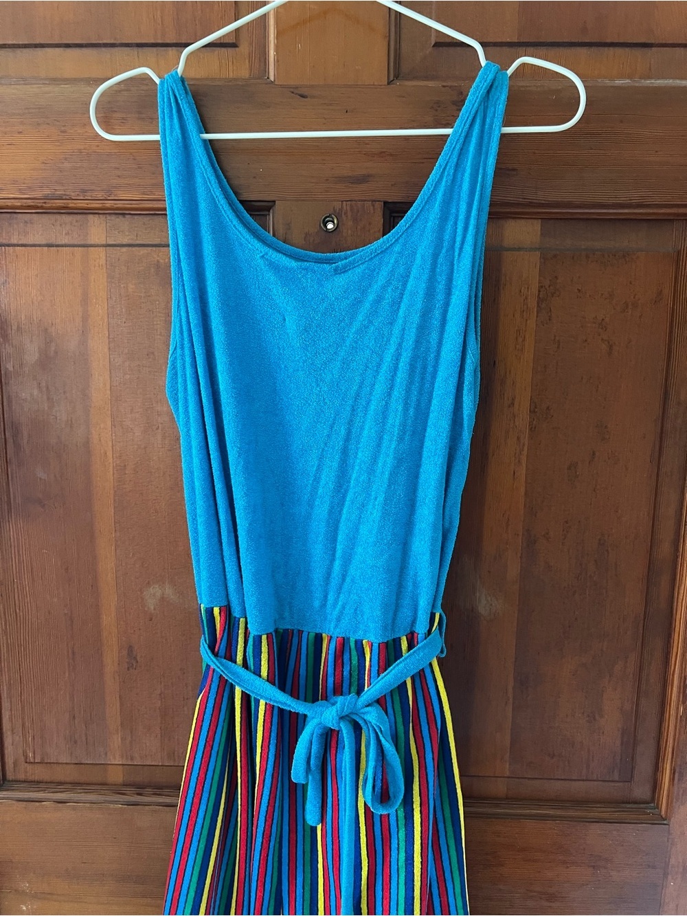 Vintage Colorblock Terry Cloth Sundress | Rainbow Stripe Resort Wear 80s 90s - Picture 2 of 8